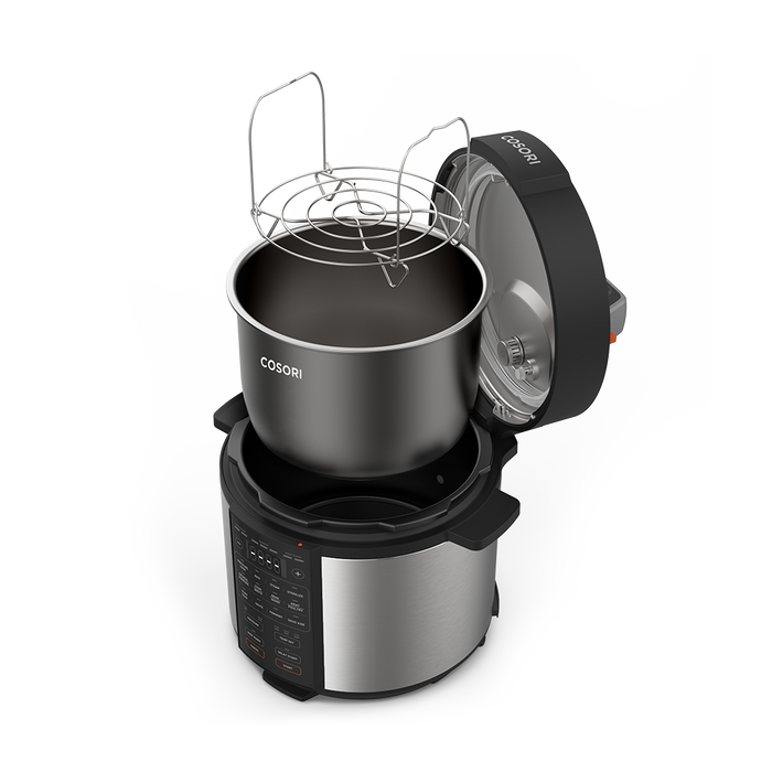 Exploded view displaying the steam rack, inner pot, and lid components of the Cosori Pressure Cooker.
