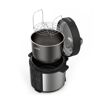 Exploded view displaying the steam rack, inner pot, and lid components of the Cosori Pressure Cooker.