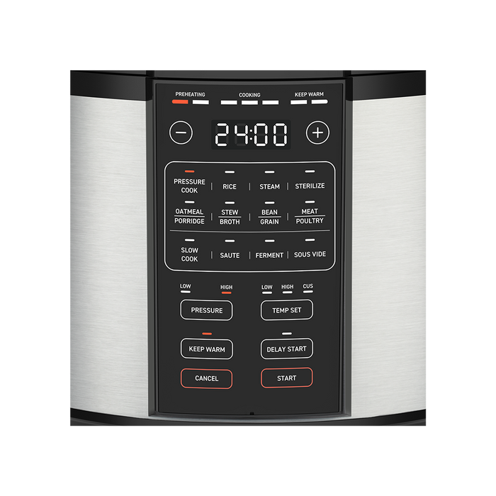 Close-up of the LED interface showing presets for Pressure Cook, Rice, Slow Cook, and Sauté