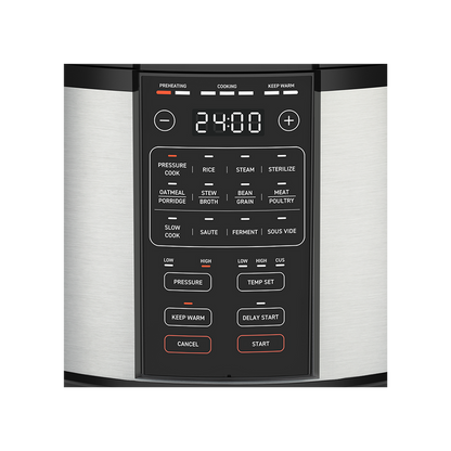 Close-up of the LED interface showing presets for Pressure Cook, Rice, Slow Cook, and Sauté