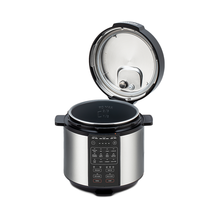 Full view of the Cosori 6.0-Quart Pressure Cooker with the hinged lid open ready for ingredients
