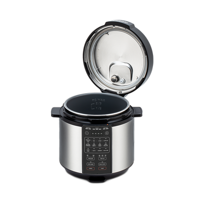 Full view of the Cosori 6.0-Quart Pressure Cooker with the hinged lid open ready for ingredients