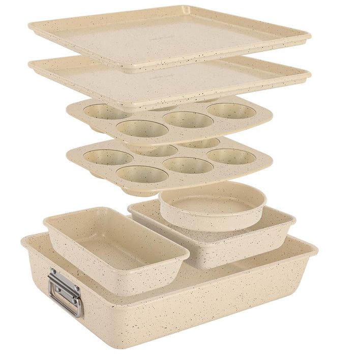8-Piece Non-Stick Bakeware Set, Stackable Carbon Steel, Marble Cream