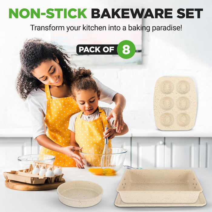 8-Piece Non-Stick Bakeware Set, Stackable Carbon Steel, Marble Cream