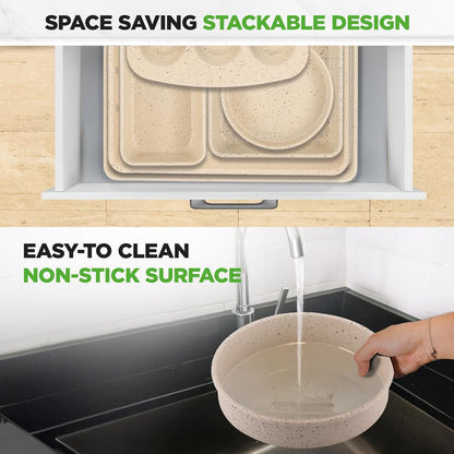 8-Piece Non-Stick Bakeware Set, Stackable Carbon Steel, Marble Cream