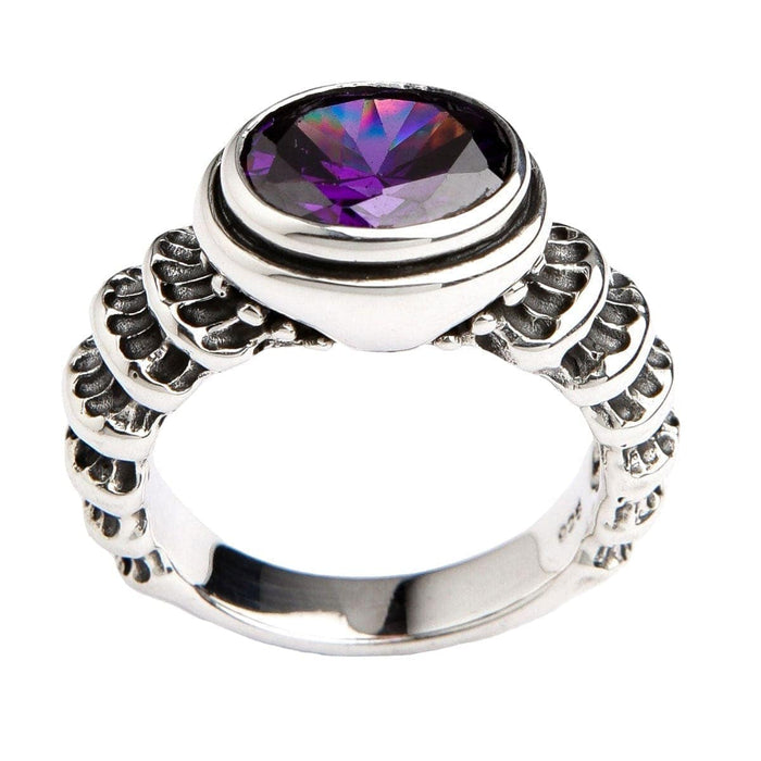 Front view of Mens Amethyst Ring with deep purple stone and silver bezel