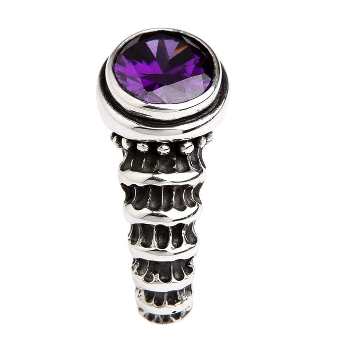 Side view of gothic style amethyst ring showing stone clarity and silver polish