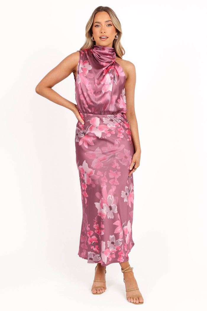 Petal and Pup USA DRESSES Anabelle Halter Neck Midi Dress - Dark Rose Floral