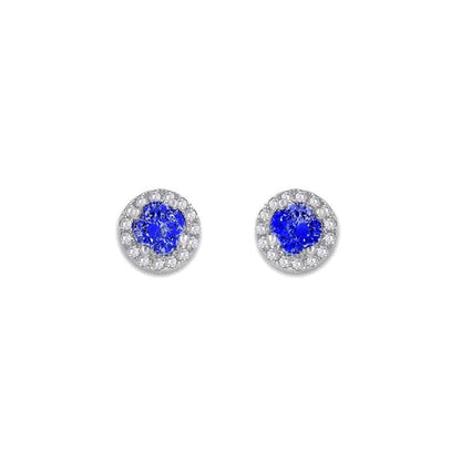 From the Anastasia Collection by Anna Zuckerman Luxury, Sterling Silver Sapphire Blue CZ Halo Stud Earrings.