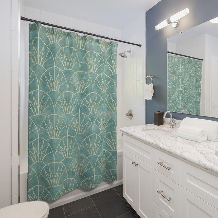 Art Deco Golden Mint Aqua Lotus Shower Curtain