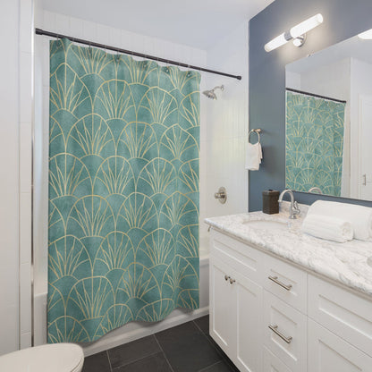 Art Deco Golden Mint Aqua Lotus Shower Curtain