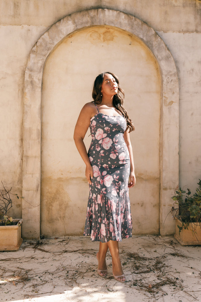 Petal and Pup USA DRESSES Ashton Midi Dress - Steel Gray Floral (Hold for Rack)