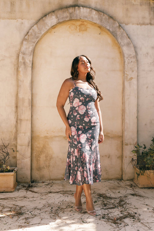 Petal and Pup USA DRESSES Ashton Midi Dress - Steel Gray Floral (Hold for Rack)