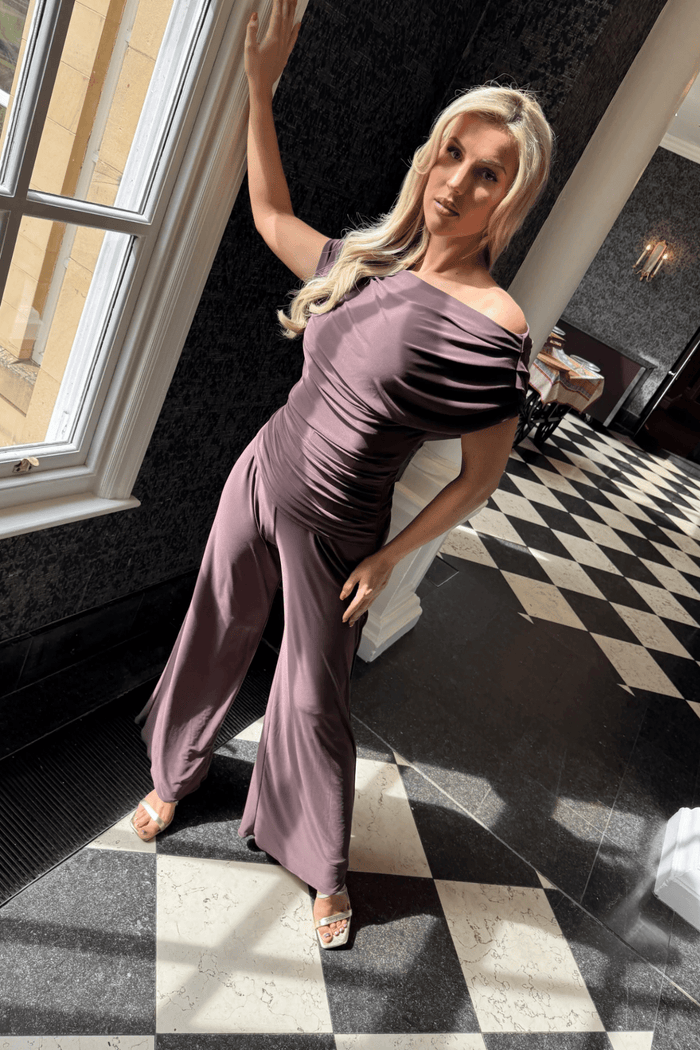 Atom Label Carbon Jumpsuit in Chocolate – off-shoulder wide-leg jumpsuit in stretch jersey, AW25 collection at Dotique.