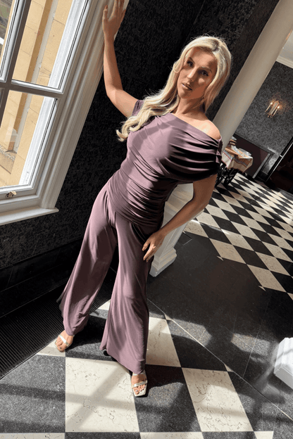 Atom Label Carbon Jumpsuit in Chocolate – off-shoulder wide-leg jumpsuit in stretch jersey, AW25 collection at Dotique.