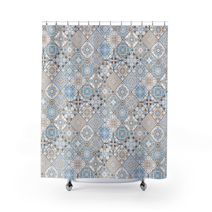 Azulejos Shower Curtain Beige Light Blue