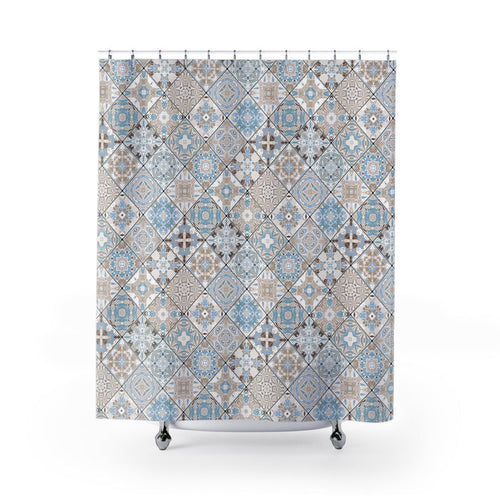Azulejos Shower Curtain Beige Light Blue