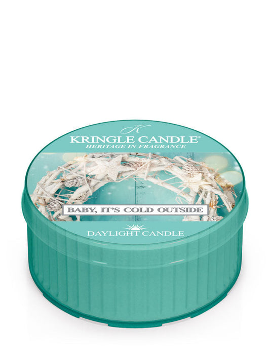 Baby It's Cold Outside DayLight Candle by Kringle Candle with a rustic seaside wreath on a sea blue background.