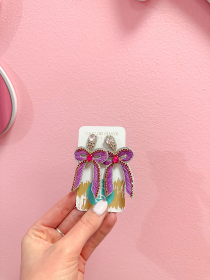 Beaded Bow Drop Earrings - Magenta/Purple