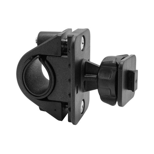 The Bike or Motorcycle Handlebar Mount for XM Satellite Radio by Bracketron and Scosche is a black plastic adjustable bracket with a circular clamp, knob, and Single T-Slot for securely attaching devices to poles or handlebars.