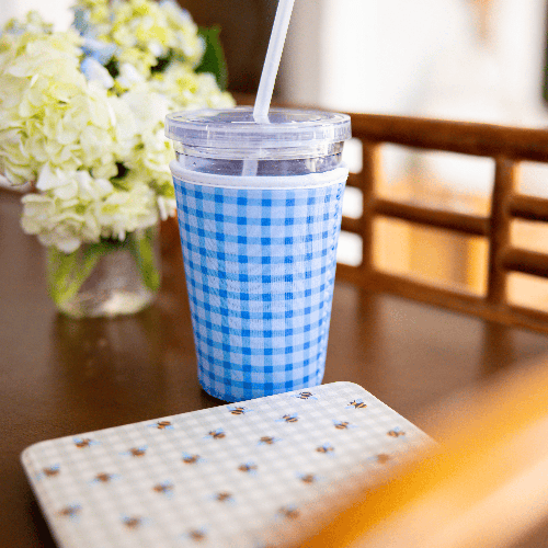 Oak Shore Collective LLC Medium (20-24oz) Blue Gingham | Reusable Coffee Sleeve