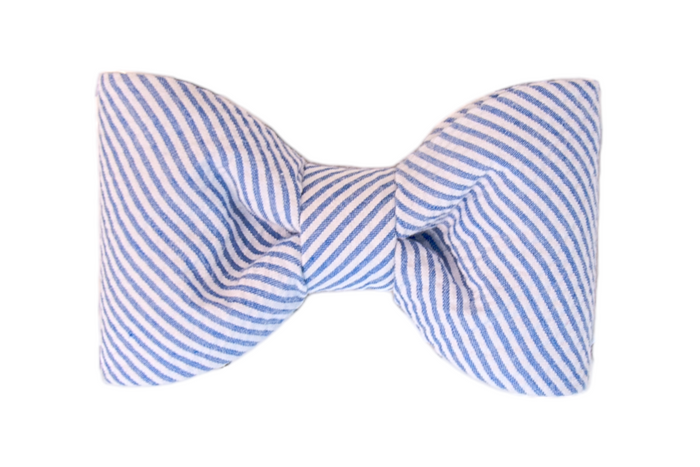 A crisp blue and white seersucker striped dog bow tie, perfect for adding a touch of Southern charm to your pet's look.
