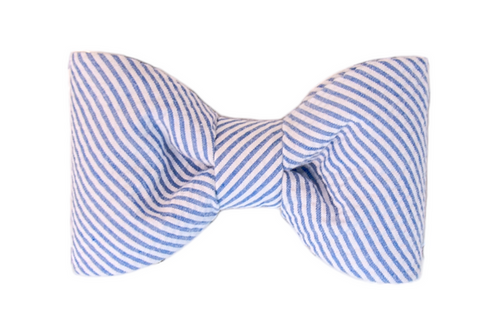 A crisp blue and white seersucker striped dog bow tie, perfect for adding a touch of Southern charm to your pet's look.