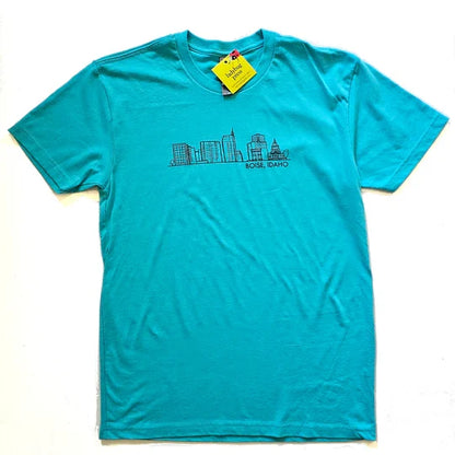 Boise Skyline T-shirt, Aqua. Eco Friendly Waterbased Inks