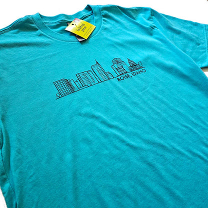 Boise Skyline T-shirt, Aqua. Eco Friendly Waterbased Inks