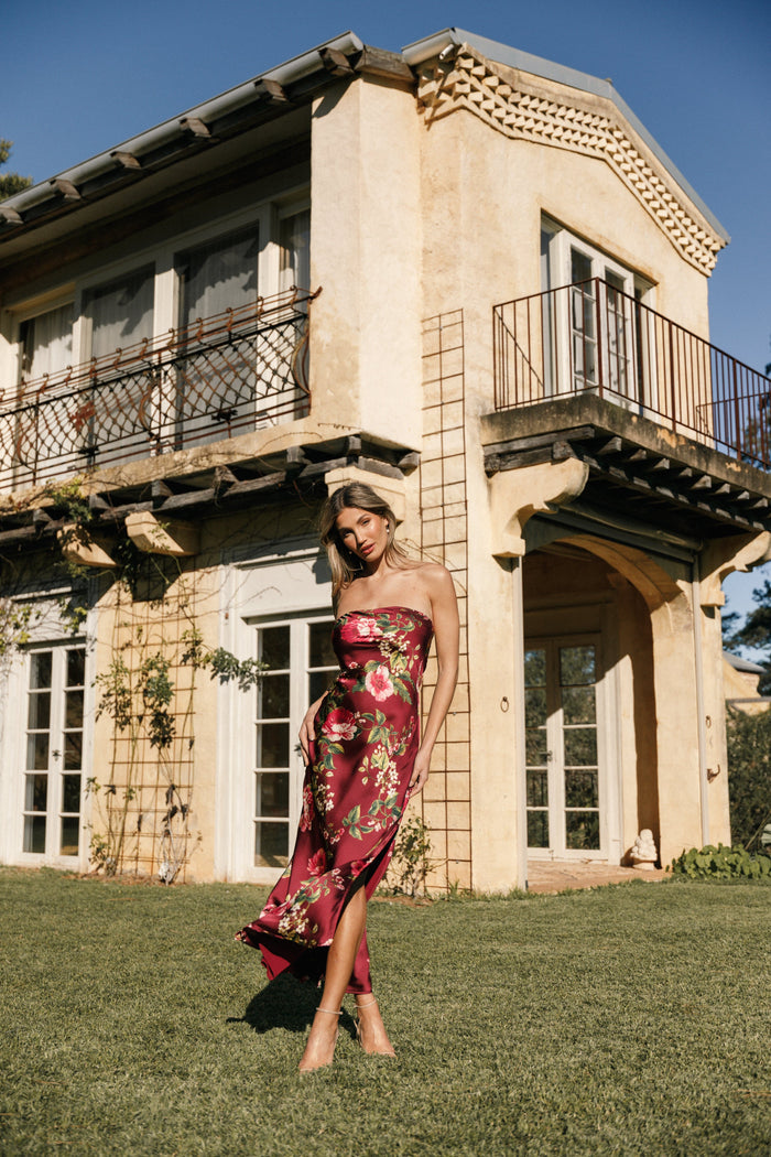 Petal and Pup USA DRESSES Bryden Maxi Strapless Dress - Burgundy Floral