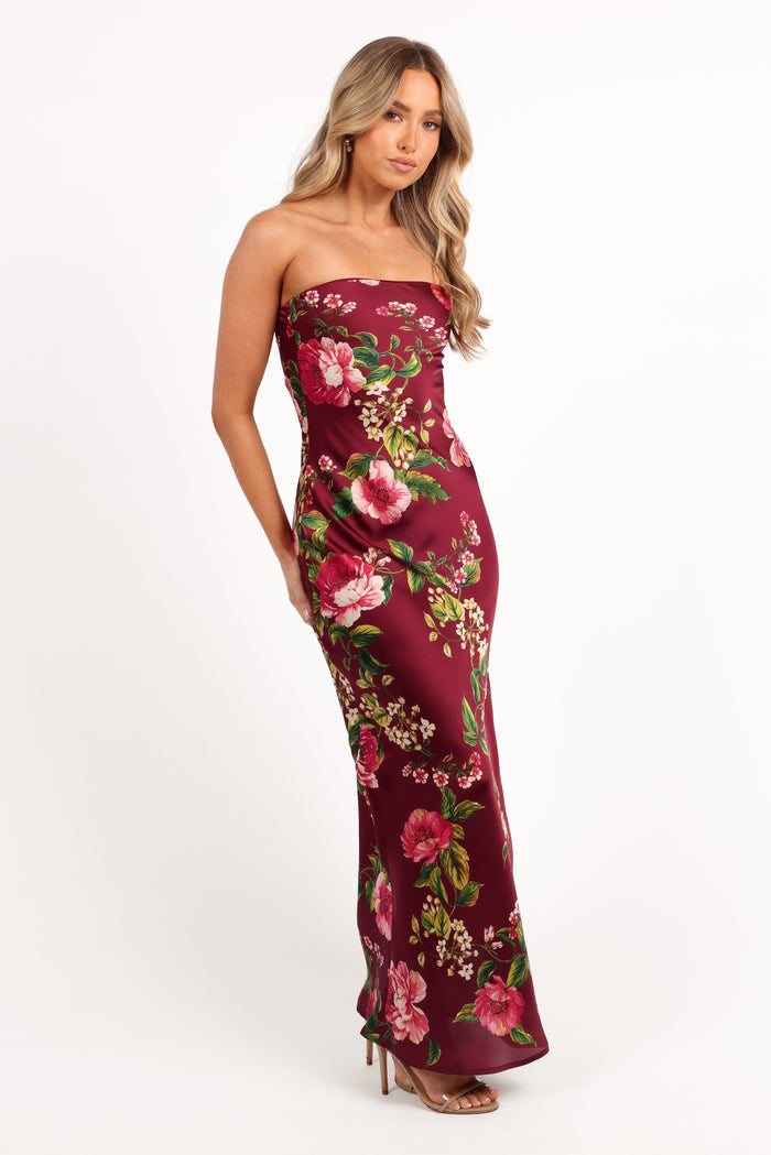 Petal and Pup USA DRESSES Bryden Maxi Strapless Dress - Burgundy Floral