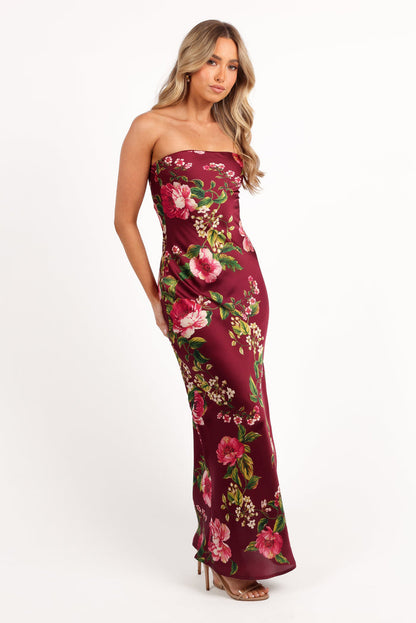 Petal and Pup USA DRESSES Bryden Maxi Strapless Dress - Burgundy Floral