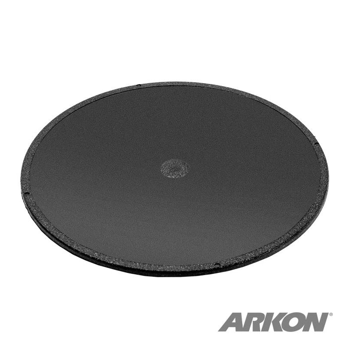The 80mm VHB Adhesive Mounting Disk for Car Dashboards, GPS, and Smartphones is a round, flat black disk with a textured edge and central dot, designed for secure dashboard mounting. ARKON appears in large gray letters on the white background.