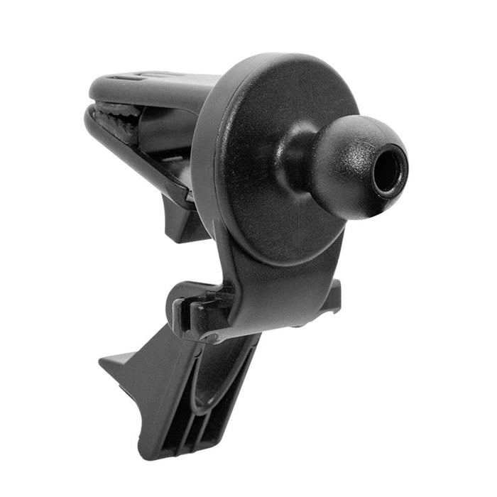 The Car Vent Mount is a black plastic magnetic phone holder for your car, designed with a round magnetic head and a spring-loaded clip that attaches easily to your air vent. This convenient accessory keeps your device secure and within reach while you drive.