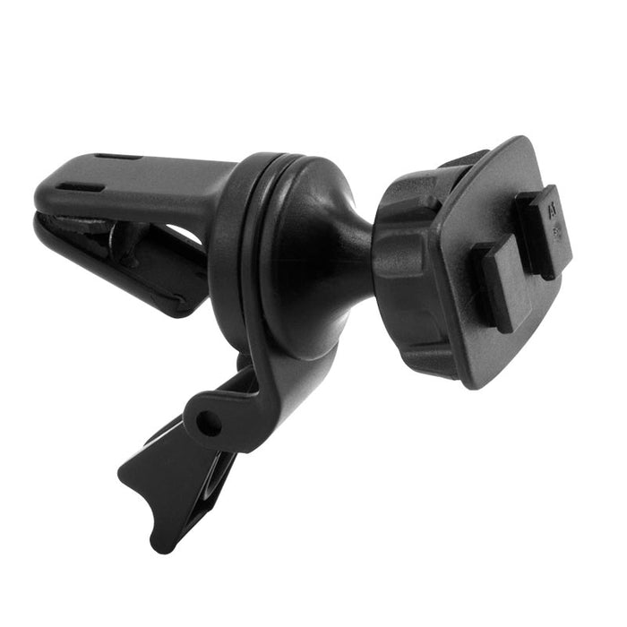 The Air Vent Car Mounting Pedestal is a black plastic mount with an adjustable clip and rotating joint, offering secure phone holding, universal tablet compatibility, and dual-T-slot mounting for versatile use.