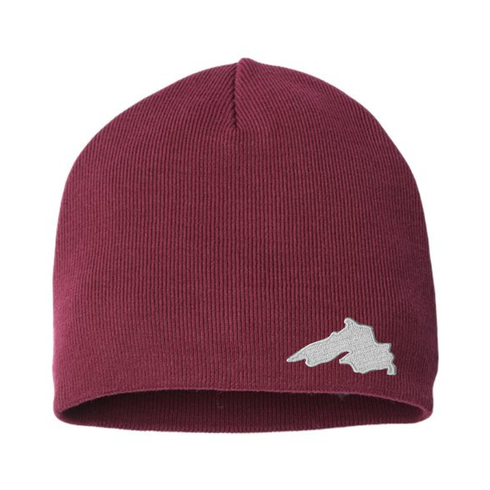 Burgundy Organic Cotton  Knit Beanie featuring a Lake Superior embroidered patch designed and applied by AdventureUs in Washburn Wisconsin.