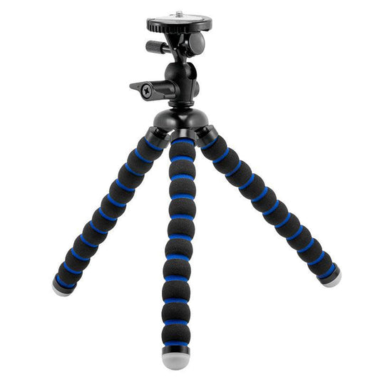 The Camera Tripod Mount for Mevo Live Streaming Camera features flexible black and blue foam legs, a tripod mount on top, and is ideal for attaching your phone, action cam, or Mevo for live streaming video.
