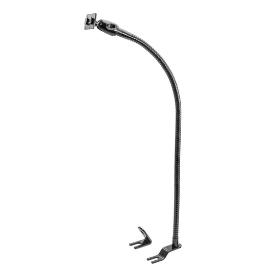 The Car or Truck Seat Rail Mounting Pedestal is a black, flexible gooseneck mount with a dual-T head and sturdy two-prong base, designed to securely hold smartphones or small devices from your seat rail.