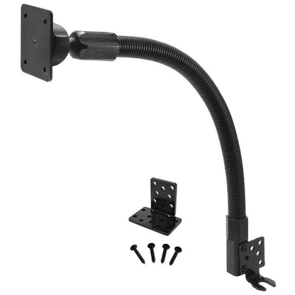 The Car Seat Rail or Floor Mount features an 18 black gooseneck with an AMPS head for satellite radios, includes a square plate, small L-bracket, four screws, and a clamp, all shown on a white background.