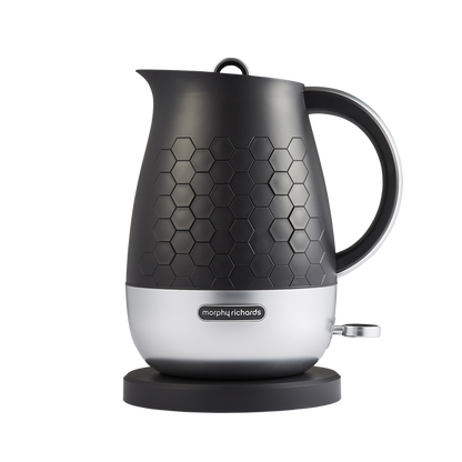 A black Morphy Richards Cassini 1.7L jug kettle with a hexagonal design and a silver base.
