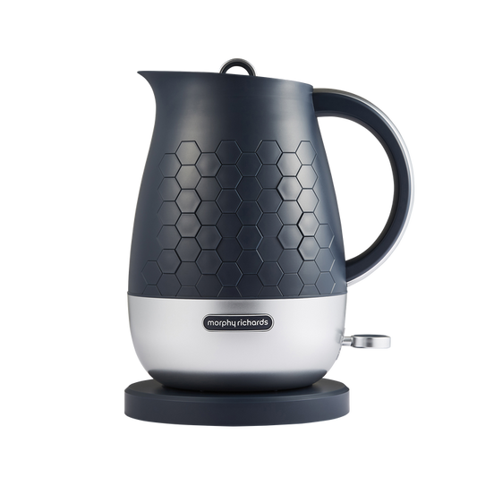 A navy blue Morphy Richards Cassini 1.7L jug kettle with a hexagonal design and a silver base.