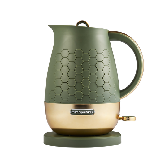 A green Morphy Richards Cassini 1.7L jug kettle with a hexagonal design and a gold-colored base.