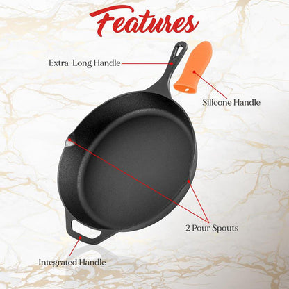 Cast Iron Skillet Set, Nonstick, Pre-Seasoned, Silicone Handles, Orange
