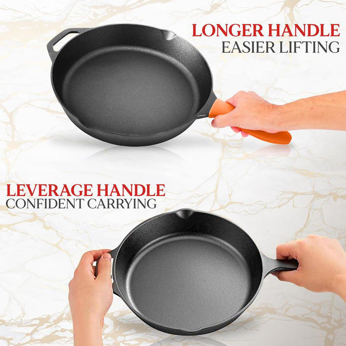Cast Iron Skillet Set, Nonstick, Pre-Seasoned, Silicone Handles, Orange