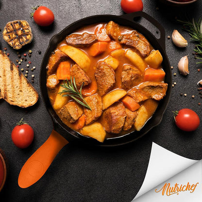 Cast Iron Skillet Set, Nonstick, Pre-Seasoned, Silicone Handles, Orange