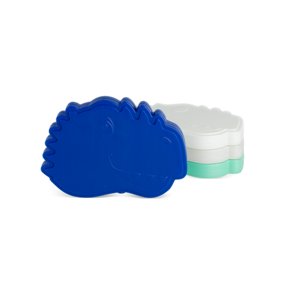 Vibrant royal blue dinosaur character figure against a white background with soft mint green accents, displayed from a front-facing angle.