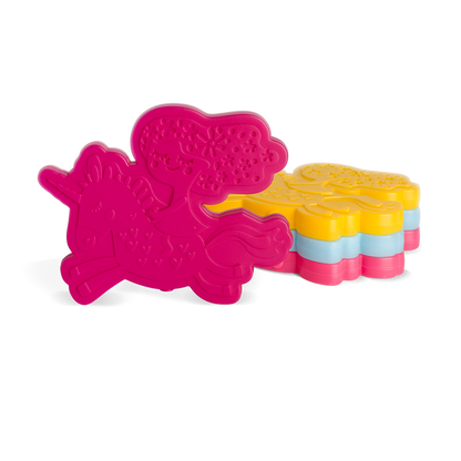 Vibrant product design featuring hot pink magenta as the primary color, with bright yellow, light blue, and coral accents throughout the composition.