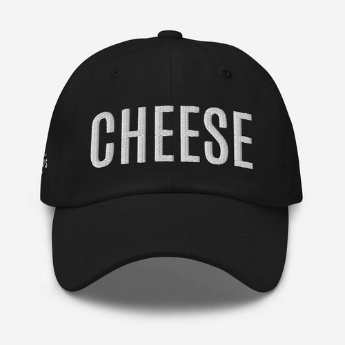 Black dad hat with "CHEESE" embroidered on the front.