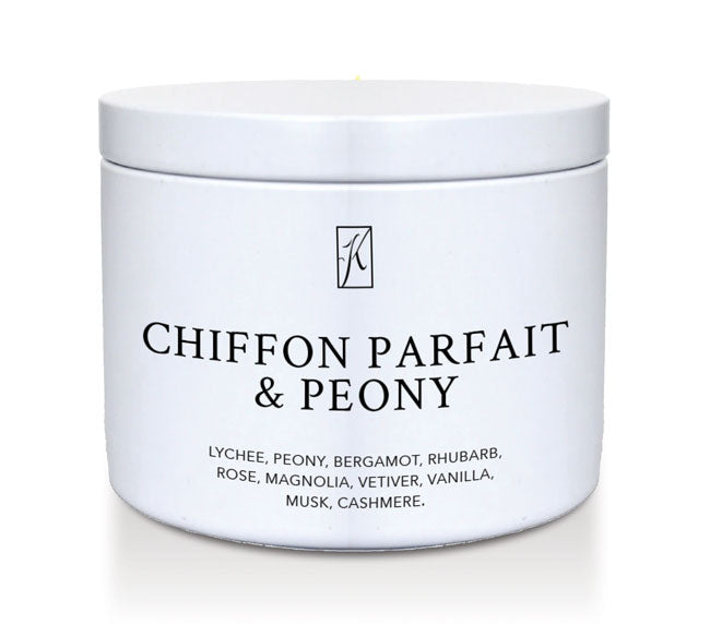 Candle Tin of 'Chiffon Parfait & Peony' with brand logo on a white background