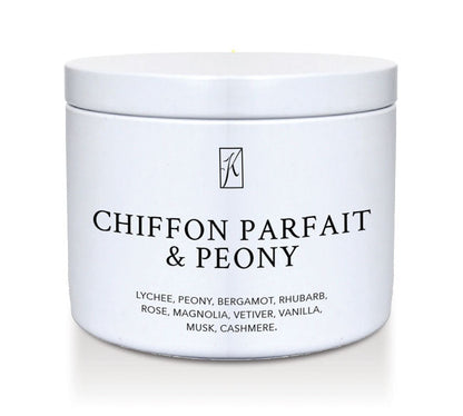 Candle Tin of 'Chiffon Parfait & Peony' with brand logo on a white background